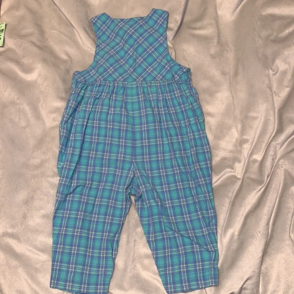 Gymboree vintage girls blue purple plaid overalls snaps embroidered 12 18 mo